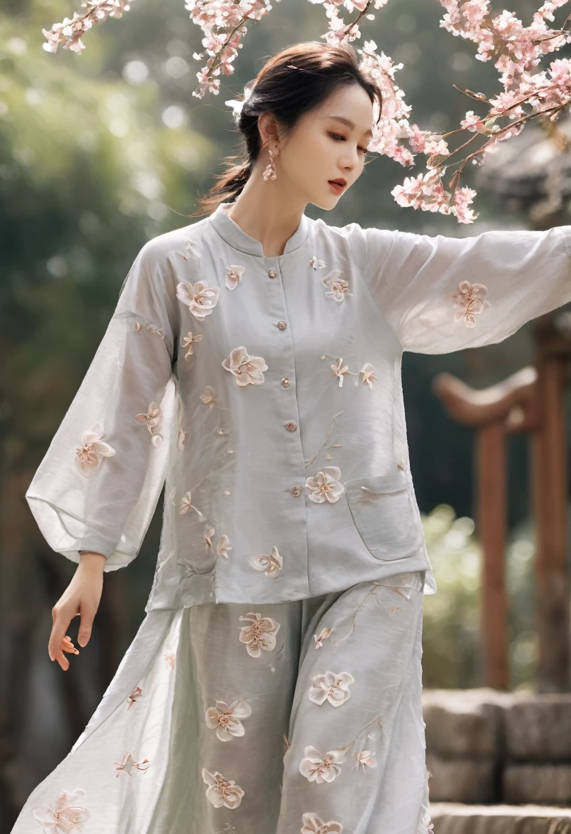 far shot full body, fashion fairytale shot, high camera angle of beautiful Vietnamese girl With its short loose-fitting design, round collar, and large pockets, the áo bà ba is a quintessential Vietnamese garment. Typically made from breathable fabrics like cotton or silk, gorgeous, sophisticated design, bold fashion, impressive pose, oriental background, cool style, magical shimmering, flying petals, realistic details, extremely detailed, 8K, super realistic, dynamic pose, cinematic lighting, low vivid, cinematic color tone, super detailed skin, wind blown, falling petals, morning attracted lighting
