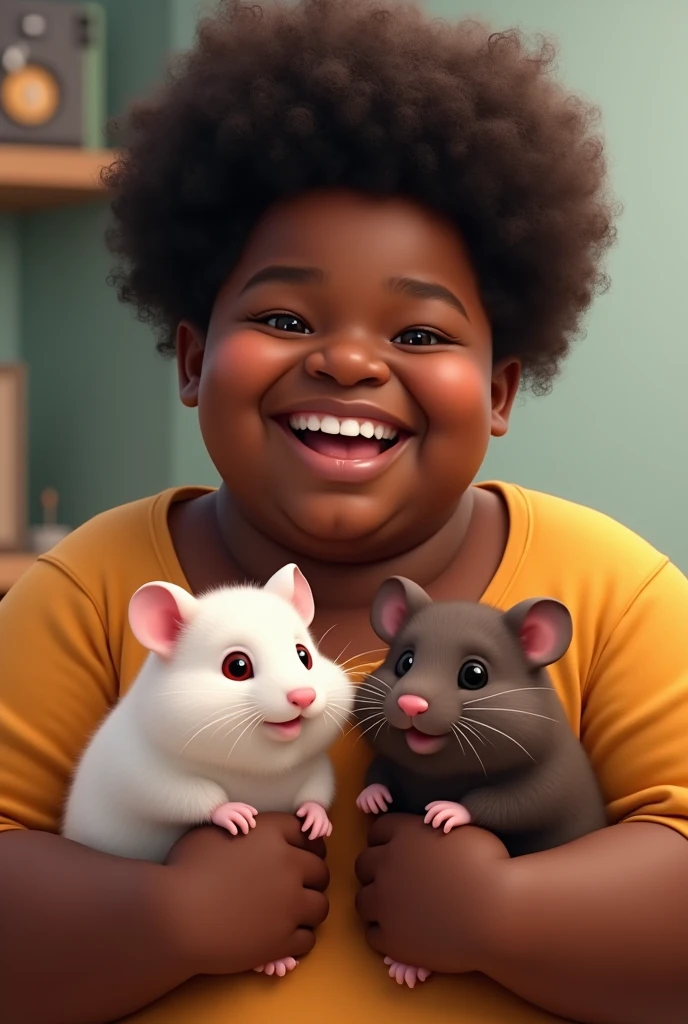 An obese black ager with short curly hair smiling a lot and wearing a Brazilian shirt holding two hamsters, one with white fur and red eyes and the other with dark brown fur and black eyes