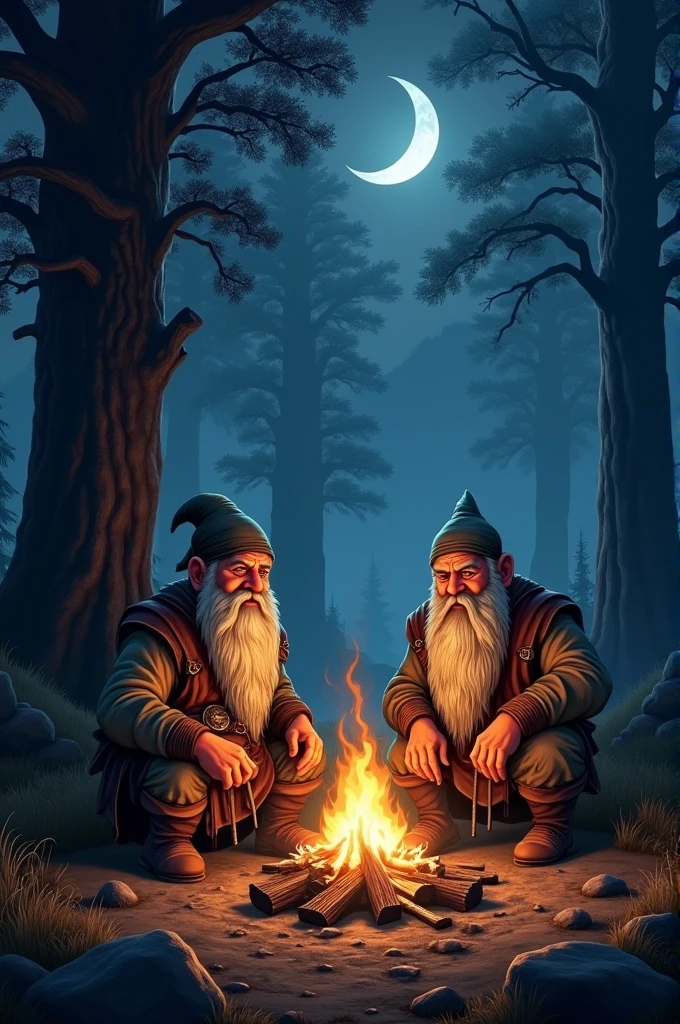 2 dwarves near a fire in the middle of the night,moon crescent 