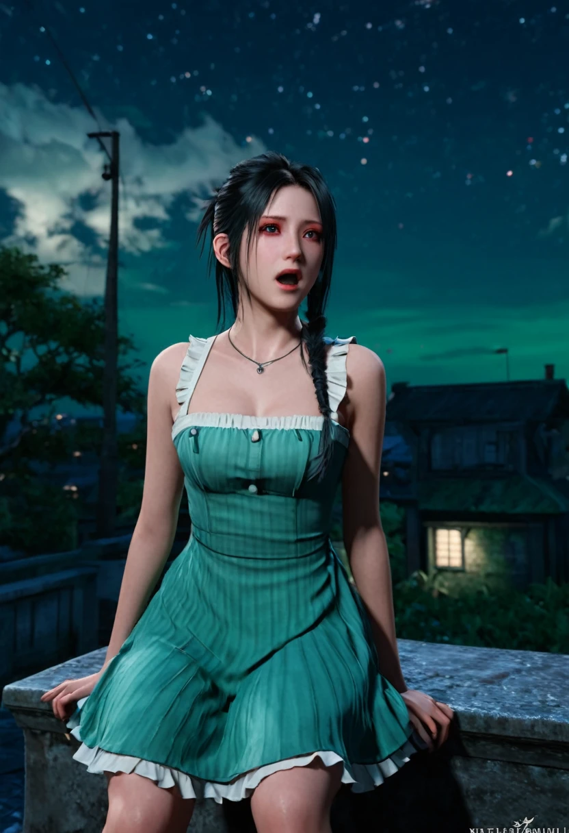 tifa lockhart, mksks style, (very detailed background:1.0), (highly detailed background:1.0), final fantasy vii remake, (red eyes), 1girl, bare shoulders, aqua dress, black hair, green dress, sleeveless dress , sundress, house, long hair, night, night sky, open mouth, outdoors, ponytail, sitting, sky, sleeveless, sleeveless dress, star (sky), starry sky, town, aged down, small breasts, ((white frills)), (white dress), 