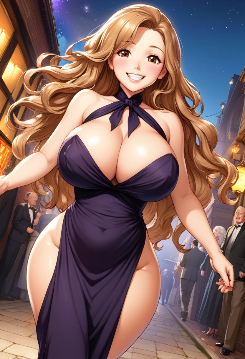 

detailed illustration, dynamic angle, ultra-detailed, illustration, 1girl, mid 40’s year old, laugh lines on face, milf, tight black dress, thick thighs, wavy brown hair, grey streaks in hair, long hair, bright brown eyes, deep cleavage, massive sagging breasts, walking around a black tie party, smiling, naïve, blushing, horny, happy, joy, delight, wide  bearing hips,