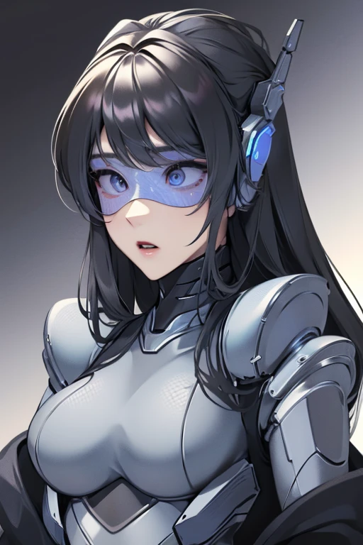 empty eyes,robotization,woman ,big bust,Robot Joint ,Metal skin,Black Suit,long hair,a suit that covers the whole body