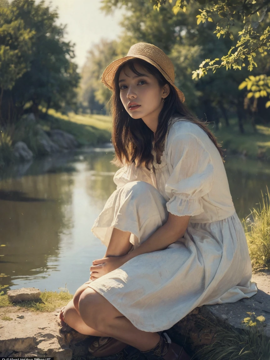 ((masterpiece:1.4, Highest quality)), (Realistic photos:1.4), (artwork), 
((1 person)), (full body:1.5), (sitting), (Otherworldly beauty), (dream-like), ((1 person, Realistic photos)),
(超High resolution:1.2), Very delicate and beautiful, wonderful, Very detailed CG Unity 8k wall paper, Very detailed, High resolution, 
Soft Light, Beautiful details, Very detailed eyes and face, Beautiful and detailed nose, Beautiful and detailed, 
(１９Mid-century photograph of a French peasant girl:1.3), 
Cinema Lighting, Perfect Anatomy, Slender body, (Parted bangs),
(The world of Barbizon painting:1.5), (「Ville＝The pond of Davray」)