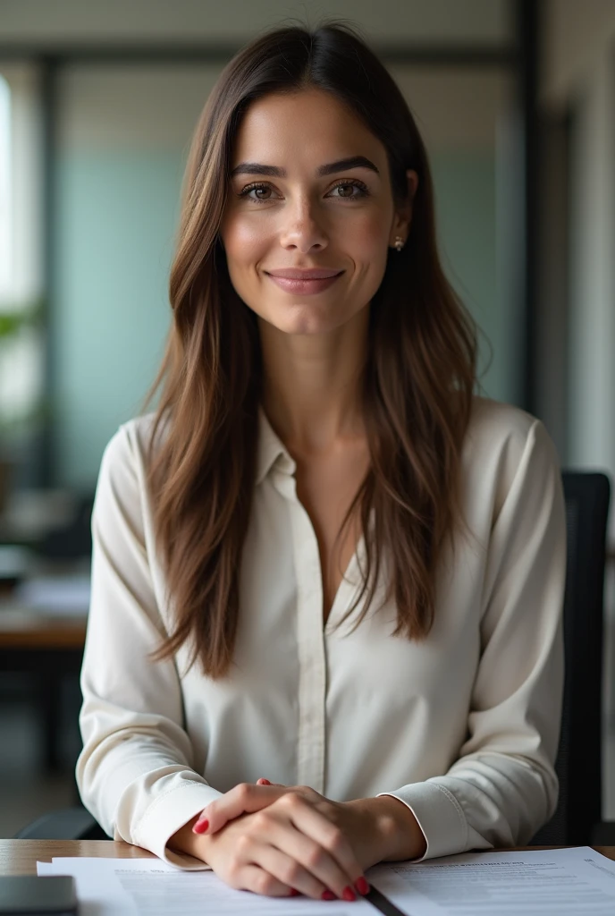 a Brazilian woman, 30 years old, light skin, straight brown hair, wearing a long-sleeved blouse and in an office-like environment, sitting facing the camera