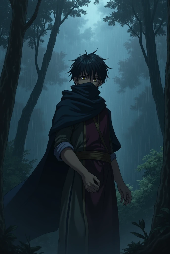 Black haired boy with brown eyes,  in a night forest, rain storm, medieval clothes, black bandana covering mouth, expression of sadness and despair, anime style V2