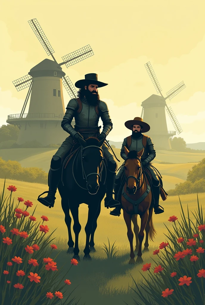 Create an illustration with just the silhouette of Don Quixote, a bearded man in iron armor riding a horse, and his friend Sancho Panza, a short, pot-bellied man wearing a hat, in a springtime setting with flowers.. Remembering that the illustration must take place in 1605 and must have windmills
