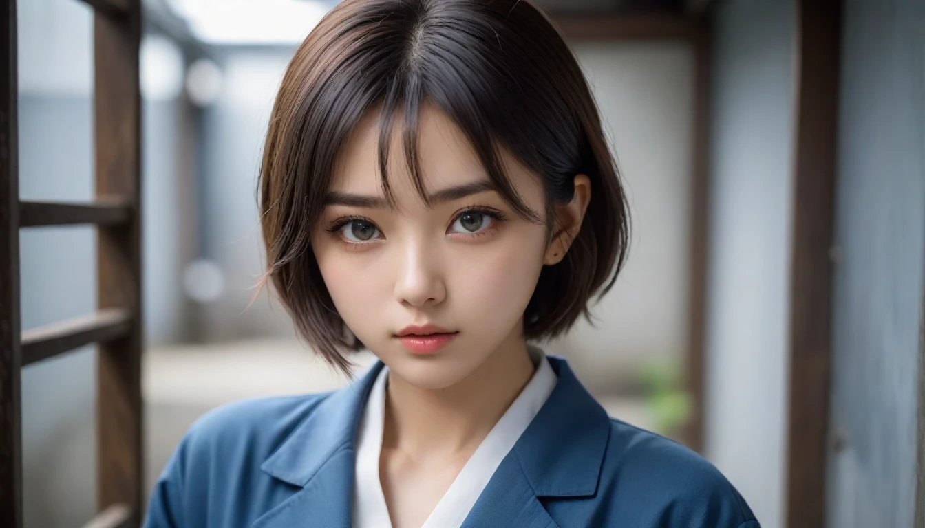 8k, Ultra-high resolution, Highest quality, masterpiece, 三分割法によるphotograph,Surreal, photograph, 1 , (:1.3), cute, cute顔, 細部までBeautiful Eyes, 細かくdetailedに,masterpiece,One Girl:1.2,Japanese women,student,cowboy shot,glaring,Black short hair,messy hair,(Dirty uniform:1.3),Leaning against the wire mesh,Glare,Blue Collar,Factory wall,(Beautiful attention to detail),Subtle details, detailedな顔,anger,Attractive eyes,(ポートレートphotograph:1.4),(Photorealistic images:1.4),Fantasy art,(Beautiful Face:1.4),美しくAttractive eyes、Beautiful Eyes、Grayscale 16Bits,(Tight waist:1.4)、(Beautiful with perfect body proportions:1.4),Pink Lips,Looking at the audience,(((Ideal body type))),A-cup small breasts :2,、Portraiture:2、Perfect Anatomy、鮮明なdetailed、detailed,Fashion magazine cover,Thin lips,完璧でBeautiful Face ,完璧でcute顔, Skin with attention to detail, Perfect limbs、Narrow waist,Surreal,Light and shadow,backlighting