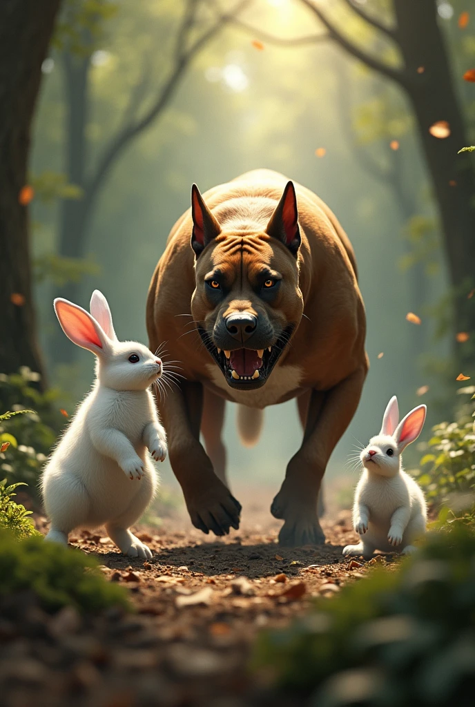 (photorealism:1.2), dog, pitbul, brown, attack white bunnies into the forest,
mother rabbit offers to be eaten to save her children, mother rabbit, white color, with red eyes, die
