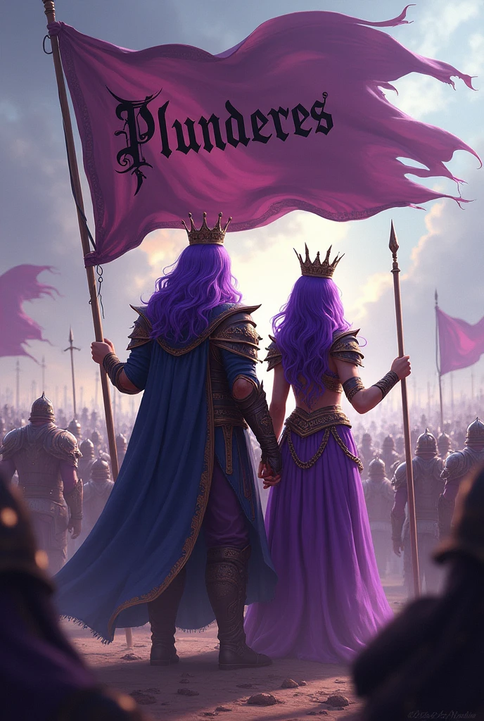 A purple haired man with a crown and a purple haired woman with a crown, holding the detailed flag with the word Plunderes in his hands and behind him his army of warriors 