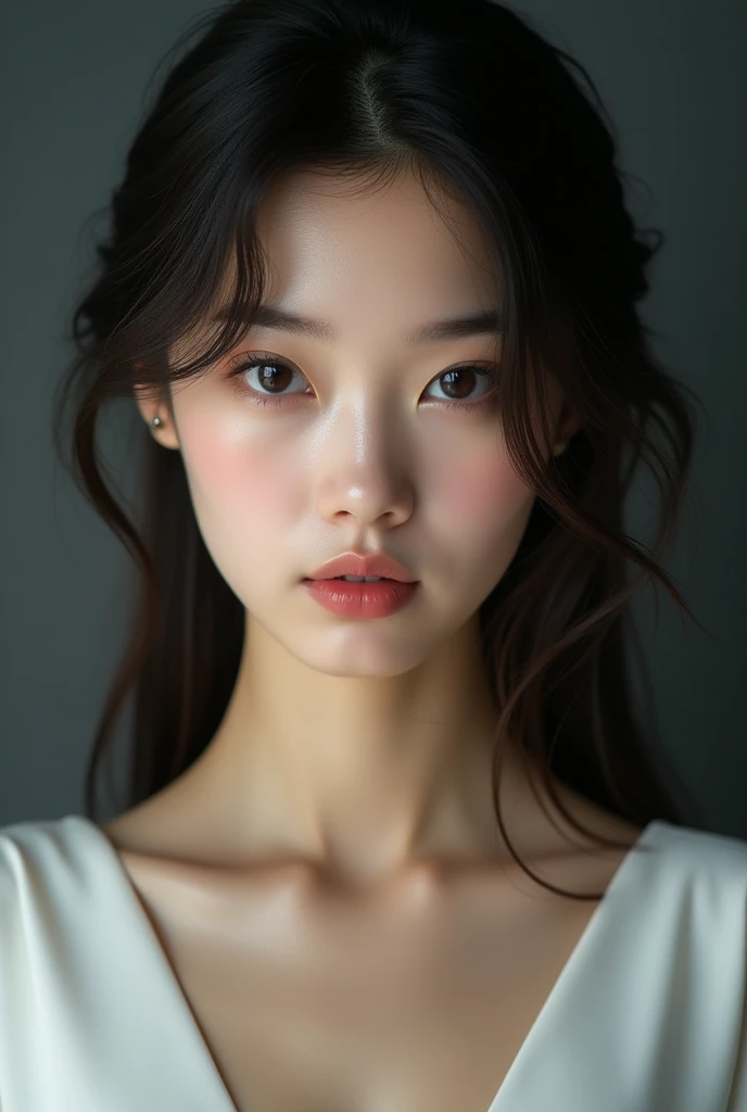 photo brute, femme visage jolie asiatique ;une belle femme de 20 ans ,visage caractere, porter une robe blanche, mine coquine , ombres dures, Prise de vue de face, Éclairage très lumineux