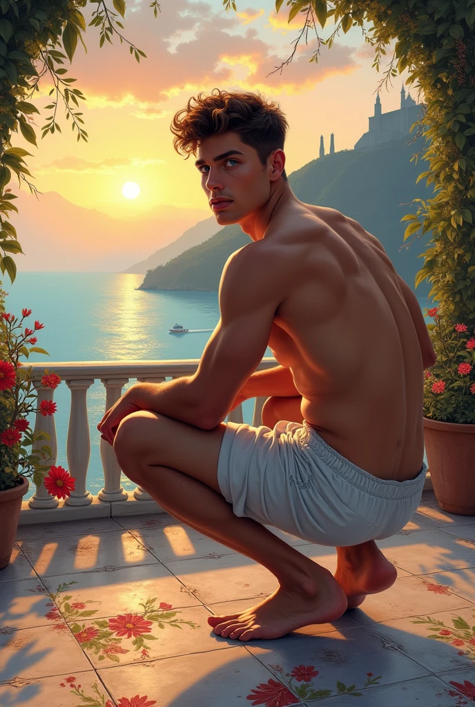 full body view form behind 1 man naked crounching leaning on the terrace railing, showing his ass , he showing his back to the camera 20 years old man, shirtless, barefoot, beautifull, gorgeous, perfect realistic detailed muscles, muscled legs, adorable face, taller, masculine gaze, confident look, soft perfect white skin, barefoot, blue eyes, perfect anatomy, portrait, a painting of a young man Pencil Sketches by Albert Eckhout enchanting,the terrace is paved with flower staned tiles He is leaning on the terrace railing the terrace of a building, with a church in the background on a beautiful sunset in the Mediterranean Sea fullcolor, sticker of a full body picture of a beautyfull young man, highly detailed beautyfull face, freedom, soul, digital illustration, approaching perfection, dynamic, highly detailed, watercolor painting, artstation, concept art, smooth, sharp focus, illustration in the style of artists like Russ Mills, Sakimichan, Wlop, Loish, Artgerm, Darek Zabrocki, and Jean-Baptiste Monge