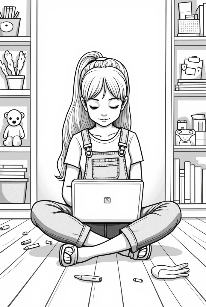 Create an illustration for a children&#39;s coloring book, which can be used in the Zara store. Leave the clothes and background without color., so that children can color them to their liking. A girl is sitting in a playroom. Her hair is long, pinned up. She is wearing denim overalls. On the feet are sandals. He holds a laptop on his lap and looks at the screen.. 
 The background may contain elements of the room - a bookcase with books, there are toys on the floor - a teddy bear and a doll