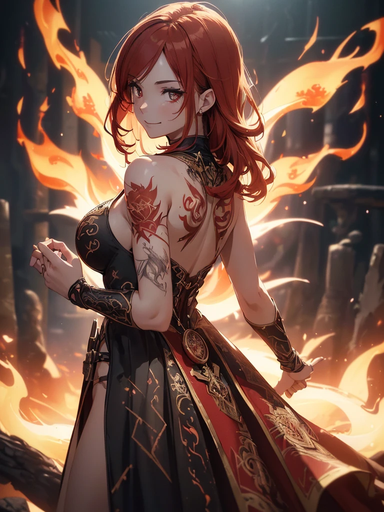(((best quality, sharp image, clear image, cinematic lighting, 8k resolution, masterpiece, ultra detailed, intricate))) Girl, (((looking over left shoulder))), (shot from behind), fire mage, ((intricate background)), ((chaotic background)), red hair, smiling, ((flame runes, flame sigils)), (tatoo on back), slim figure, flying sigils, long dress
