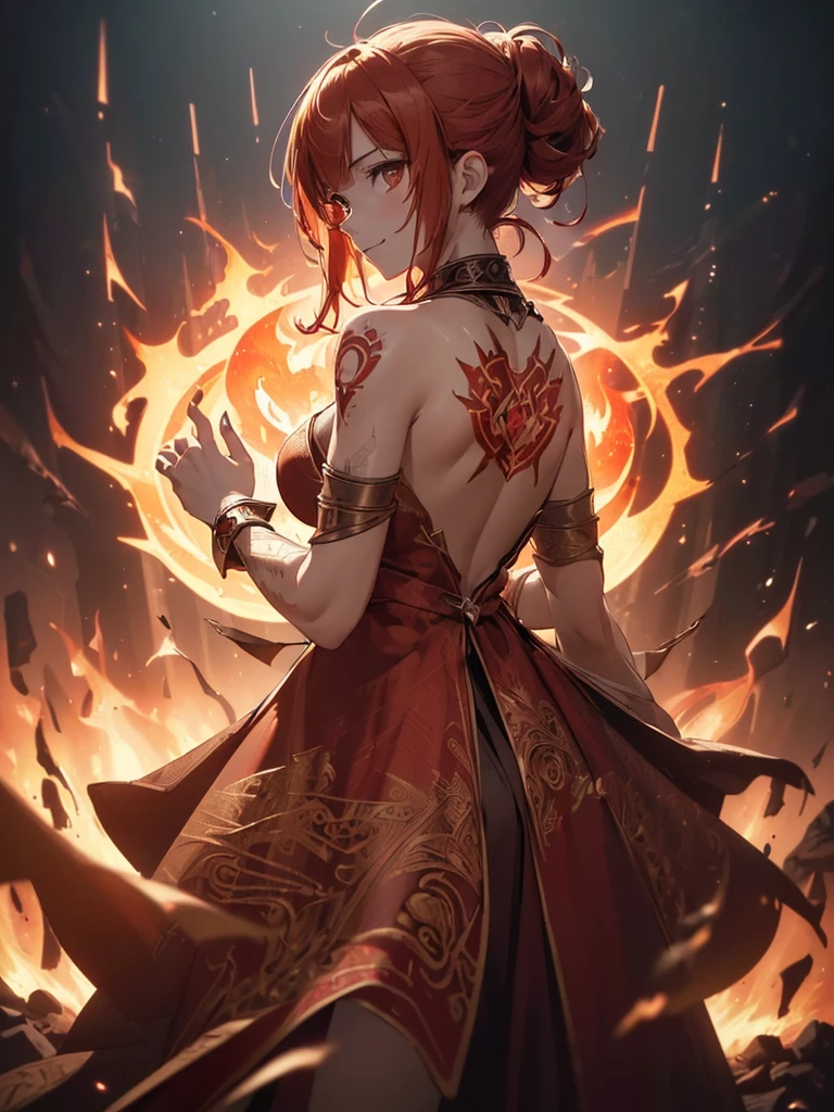 (((best quality, sharp image, clear image, cinematic lighting, 8k resolution, masterpiece, ultra detailed, intricate))) Girl, (((looking over left shoulder))), (shot from behind), fire mage, ((intricate background)), ((chaotic background)), red hair, smiling, ((flame runes, flame sigils)), (tatoo on back), slim figure, flying sigils, long dress