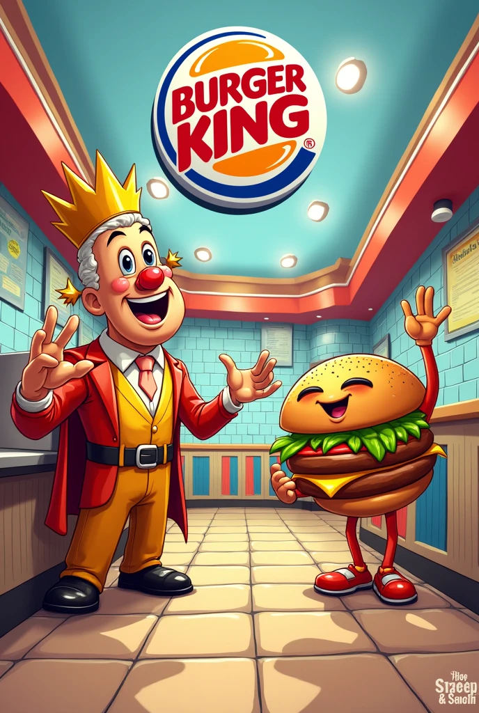 create an image that is an invitation to go eat hamburgers at burger king in cartoon mode