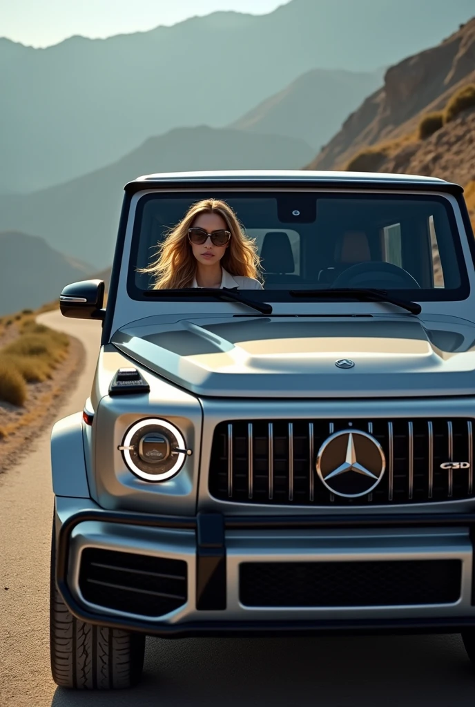 Front of a Mercedes G63 with a beautiful blonde haired woman in the passenger seat