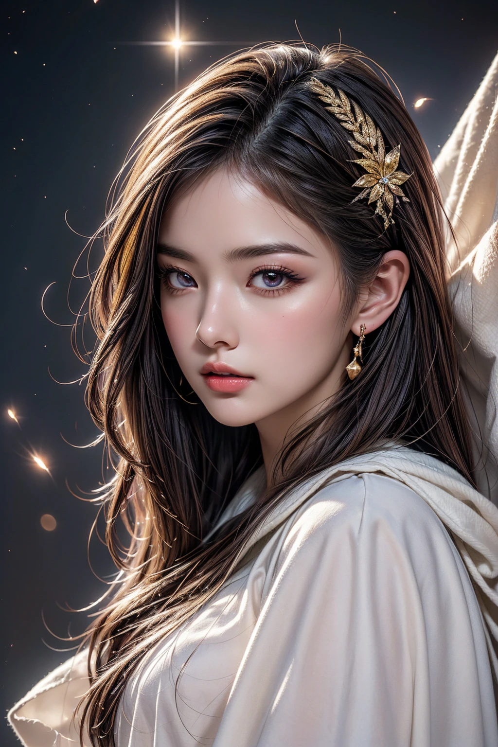 (Masterpiece, Top Quality, Best Quality, Official Art, Beauty and Aesthetics: 1.2), (1 Girl), Extreme Detail, (Fractal Art: 1.3), Colorful, Supreme Detail, Perfect Face, Upper Body, HDR, Prayer, (White Cloak Golden Lines: 1.2), Starry Sky, Shooting Star, Light Stripes, Surrealism.