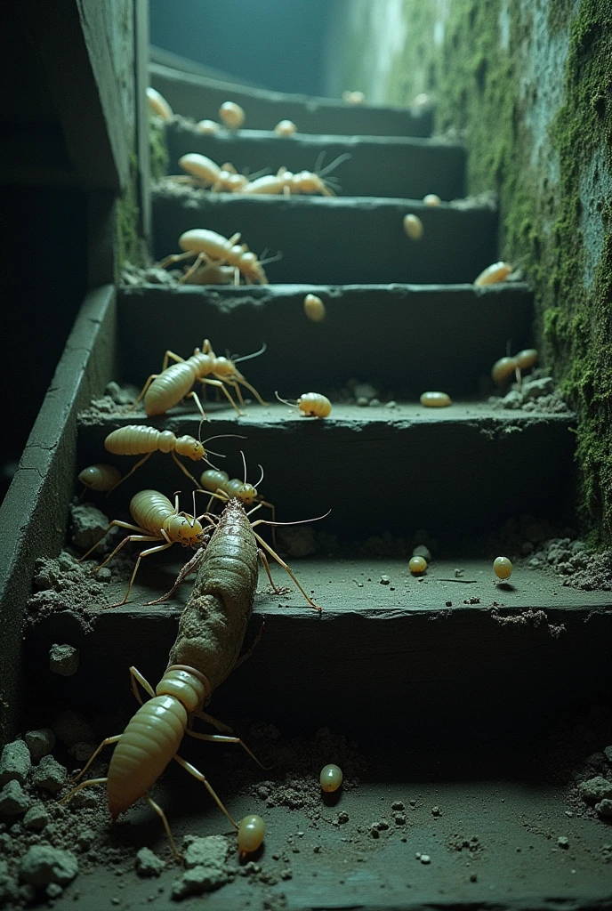 termites climbing up the stairs of an old moldy basement and eating dead carcasses of some animal, horror movies, horor, analog camera textures,