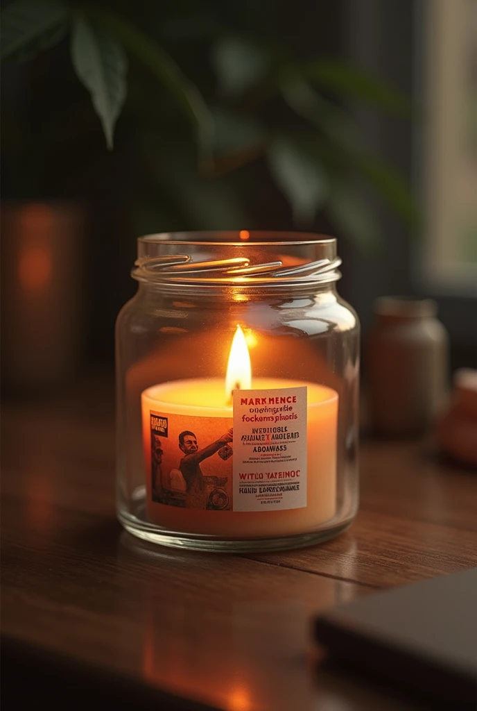 Candle in a glass jar with a sticker and an icon and slogan of rights and values
