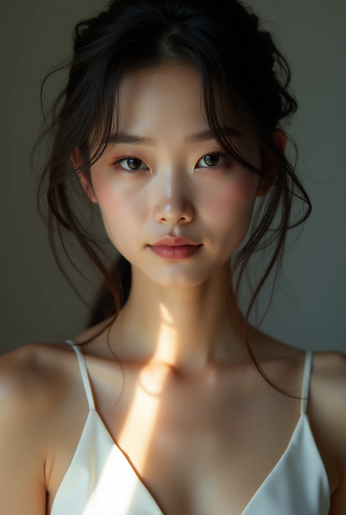 photo brute, femme visage jolie asiatique ;une belle femme de 20 ans ,visage caractere, porter une robe blanche, mine coquine , ombres dures, Prise de vue de face, Éclairage très lumineux