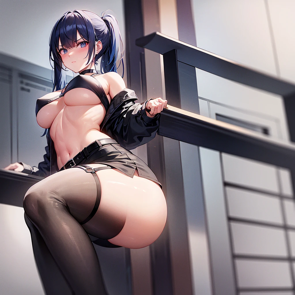 1girl, solo, long hair, breasts, looking at viewer, bangs, blue eyes, skirt, large breasts, thighhighs, long sleeves, navel, cleavage, hair between eyes, closed mouth, underwear, blue hair, standing, collarbone, panties, full body, ponytail, red hair, multicolored hair, boots, open clothes, shoes, choker, midriff, belt, black thighhighs, indoors, miniskirt, black skirt, stomach, black footwear, two-tone hair, streaked hair, coat, crop top, v-shaped eyebrows, thigh strap, ass visible through thighs, black choker, pantyshot, pencil skirt, black belt, open coat, black coat, taut clothes, tube top