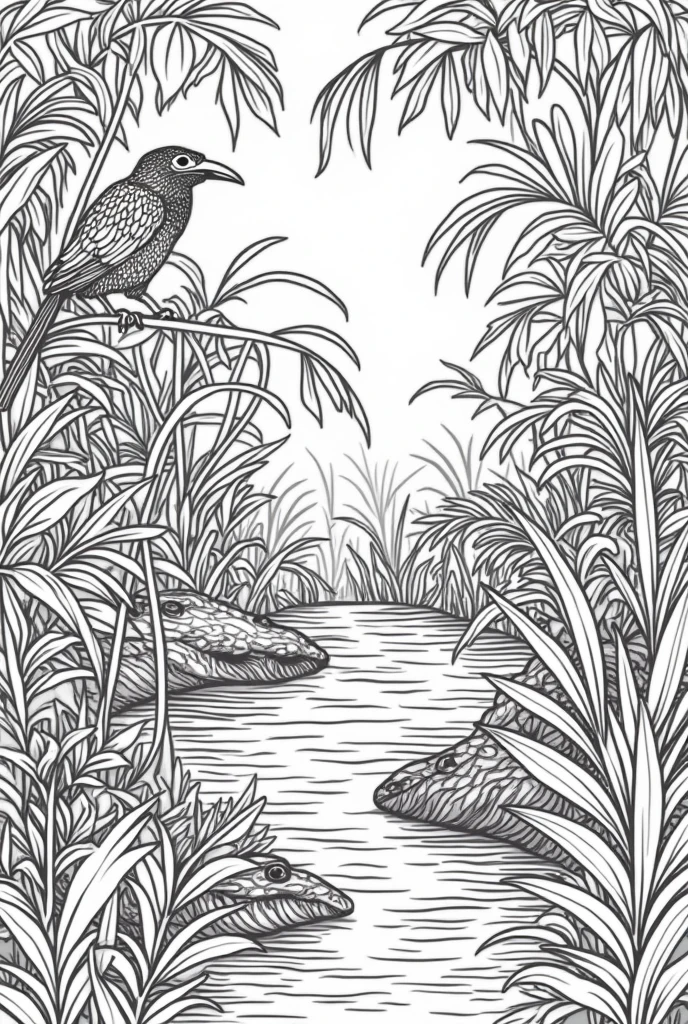 animals from the Amazon rainforest. Generate a series of black and white illustrations suitable for coloring books
