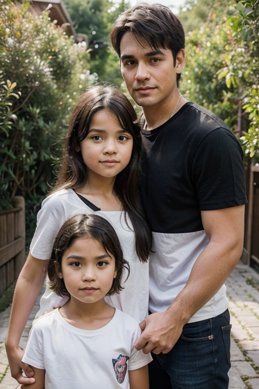 dad sitting on a bench in the forest, 8  girl, sitting on her dad&#39;s lap, 8 year oldn vestido corto blanco transparente, hugged