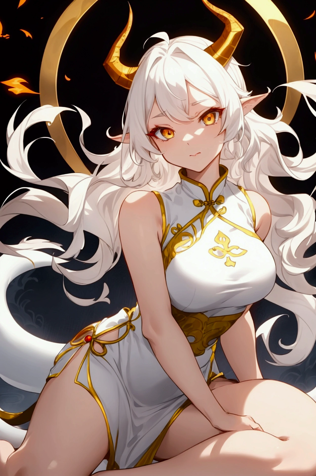 (best quality,highres,masterpiece:1.2),(flatten art:0.75), masterpiece, best quality, 1woman, Anime, darker environment, ruins, white horns, long straight white hair, golden hair ornaments, white ao dai, golden demon eyes, pointy ear, large breast, enticing, night, dark, looking at viewer, solo, faint moonlight, smirks, close-up, barefoot