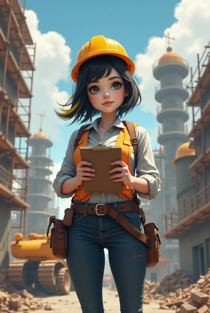 Female architect with white skin, chubby girl, with dark hair with yellow, hull, on construction site. 