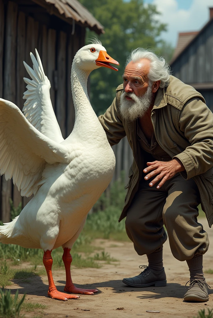 A goose fighting an old man