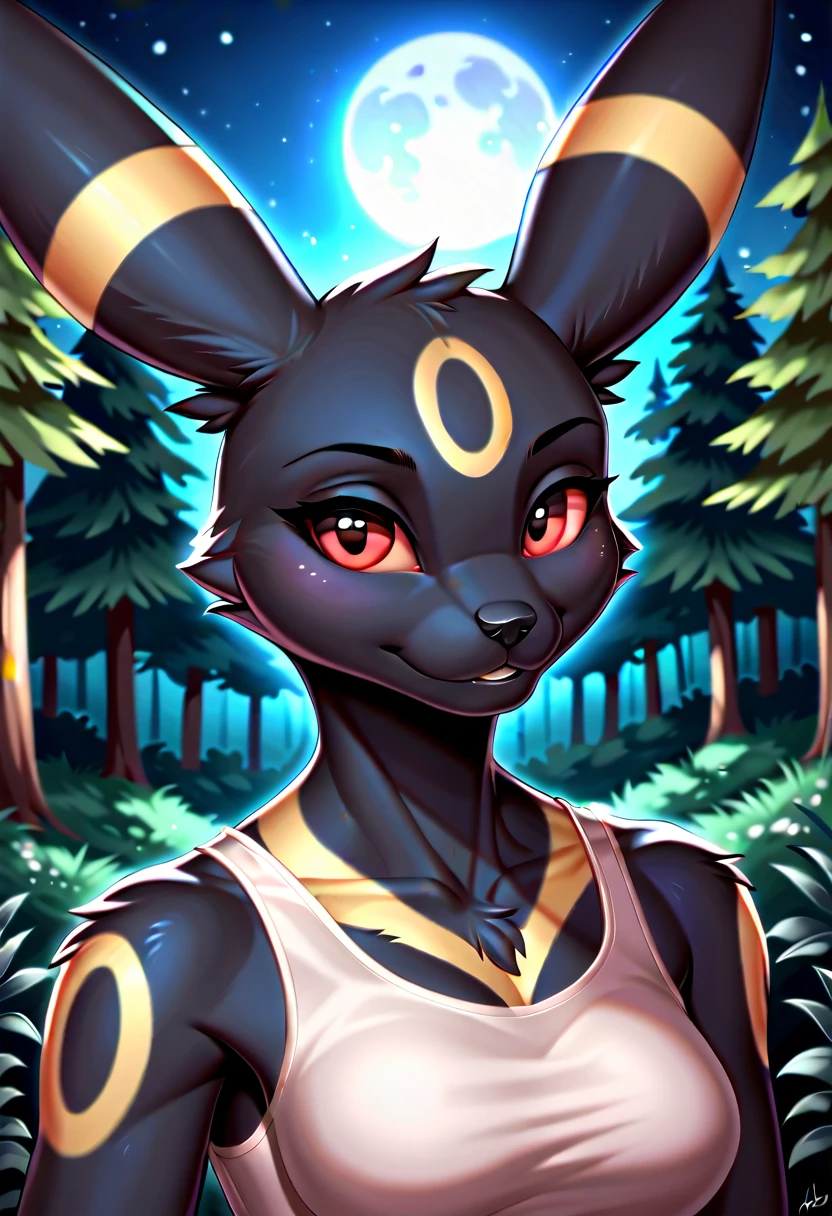 score_9, score_8_up, score_7_up, source_furry, rating_safe, (ancesra), 1girl,anthro, umbreon, black body fur, gold markings, pokemon, red eyes, fluffy fur, at night, moonlight, forest, detailed background, best quality, clothing