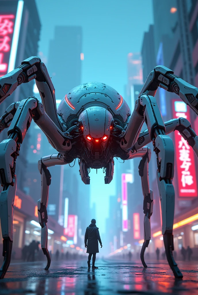 Giant spider in white cyborg costume (8 legs) with glowing red eyes walking in cyberpunk neon city with blue and pink leon lights