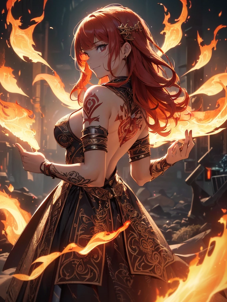 (((best quality, sharp image, clear image, cinematic lighting, 8k resolution, masterpiece, ultra detailed, intricate))) Girl, (((looking over left shoulder))), (shot from behind), fire mage, ((intricate background)), ((chaotic background)), red hair, smiling, ((flame runes, flame sigils)), (tatoo on back), slim figure, flying sigils, long dress