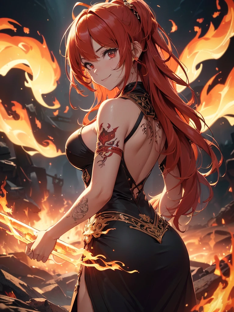 (((best quality, sharp image, clear image, cinematic lighting, 8k resolution, masterpiece, ultra detailed, intricate))) Girl, (((looking over left shoulder))), (shot from behind), fire mage, ((intricate background)), ((chaotic background)), red hair, smiling, ((flame runes, flame sigils)), (tatoo on back), slim figure, flying sigils, long dress