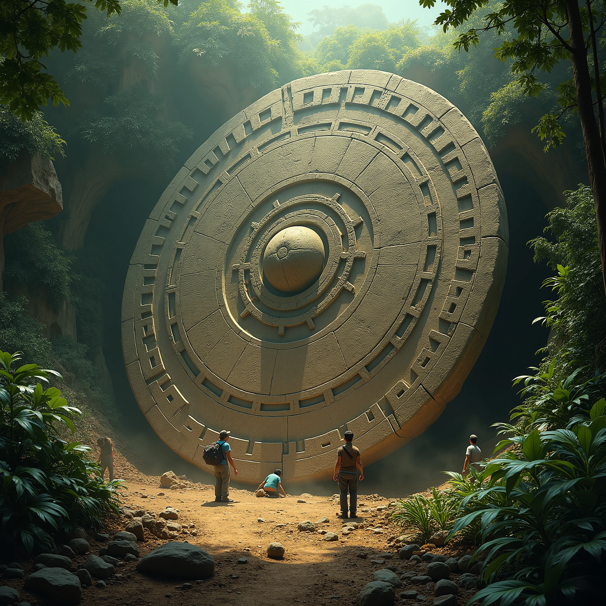 a giant ancient sculpted stone disc being discovered from ground by archaeologists in a jungle ruins environment, highly detailed, ultra-detailed, (best quality,4k,8k,highres,masterpiece:1.2),ultra-detailed,(realistic,photorealistic,photo-realistic:1.37),HDR,UHD,studio lighting,extremely detailed stone texture,extremely detailed jungle foliage and environment,extremely detailed archaeological discovery,dramatic lighting,warm color tones,cinematic