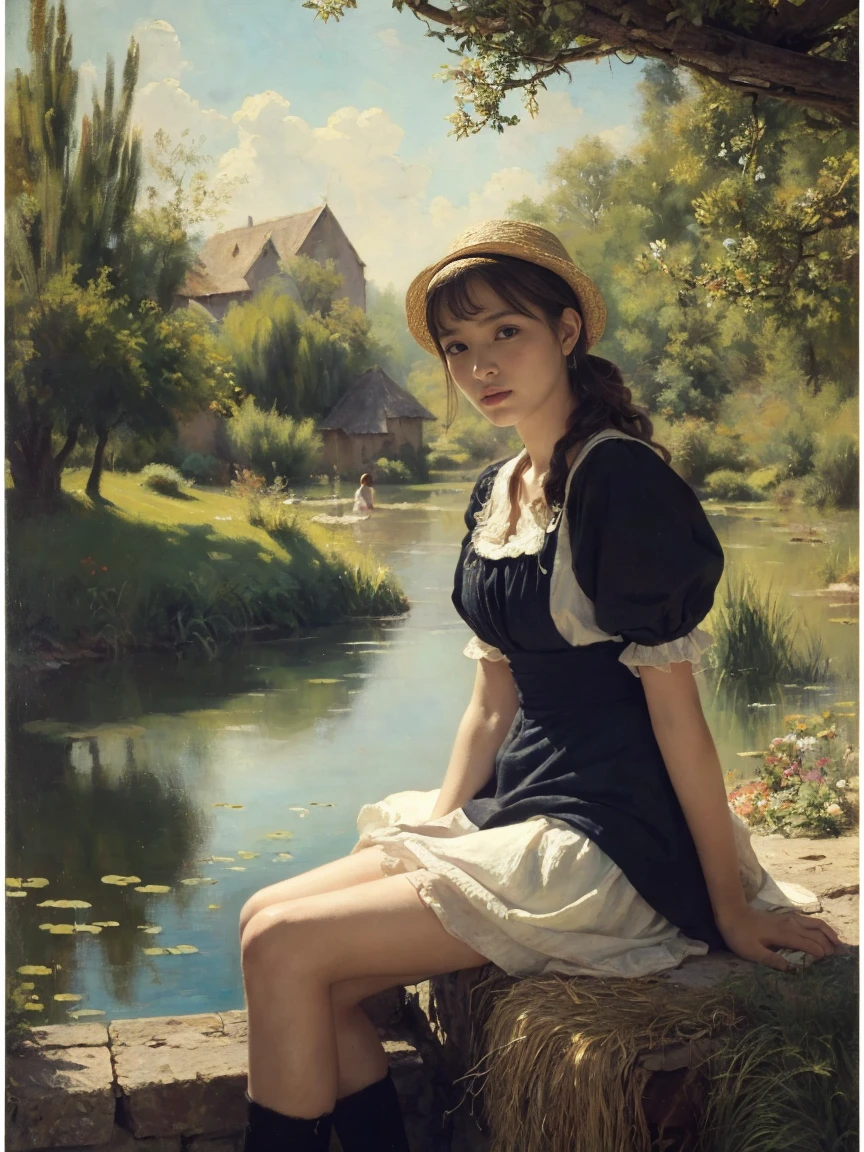 ((masterpiece:1.4, Highest quality)), (Realistic photos:1.4), (artwork), 
((1 person)), (perfect anatomy:1.2), (full body:1.5), (sitting), (Otherworldly beauty), (dream-like), ((1 person, Realistic photos)),
(超High resolution:1.2), Very delicate and beautiful, wonderful, Very detailed CG Unity 8k wall paper, Very detailed, High resolution, 
Soft Light, Beautiful details, Very detailed eyes and face, Beautiful and detailed nose, Beautiful and detailed, 
(１９Mid-century photograph of a French peasant girl:1.3), 
Cinema Lighting, Perfect Anatomy, Slender body, (Parted bangs),
(The world of Barbizon painting:1.5), (「Ville＝The pond of Davray」)