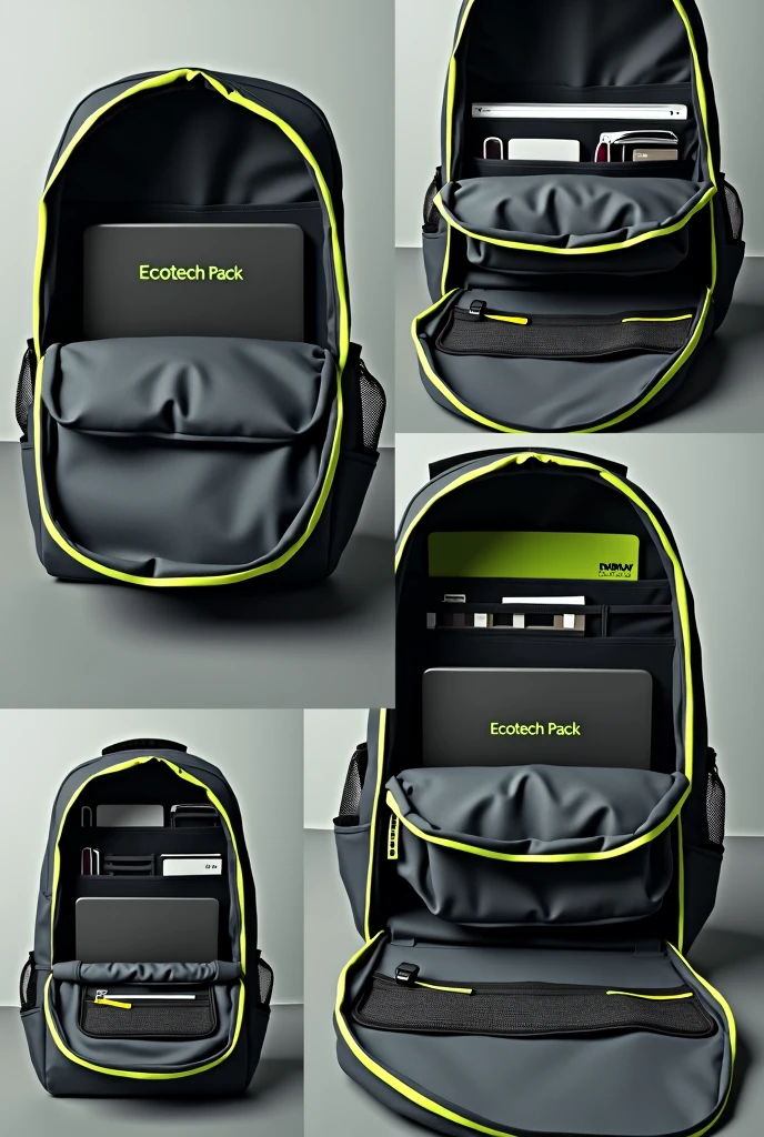 Make sure nothing is showing from the back or front of the backpack.. Focus only on the inside. The backpack is dark grey with neon edges. The name EcoTech Pack must be in green inside. The design must be a collage of 4 photos that exclusively shows the interior. Includes computer compartment, the slots for pencils and markers, and document pockets. Highlight each of these spaces without showing any part of the exterior or the backpack.