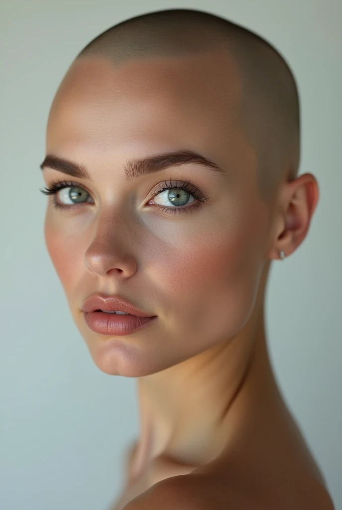 photorealism, hot bald woman, pinterest woman, 4k, ultra realistic, skin texture, pores, photorealistic, model, hyper realistic, RAW photo, photography, gorgeous, face close up, in focus, staring straight forward, face forward, flat lighting, russian features