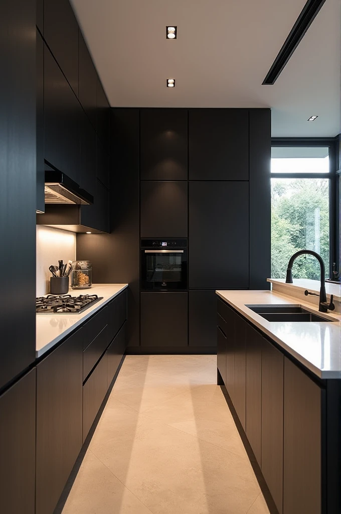 The kitchen is designed in an open style, with custom cabinets in dark tones that add a touch of sophistication. Appliances are built-in, creating a clean and organized look. A simple countertop divides the kitchen from the living room, allowing a fluid transition between spaces. The combination of dark cabinets and the practical countertop results in a modern and efficient environment.