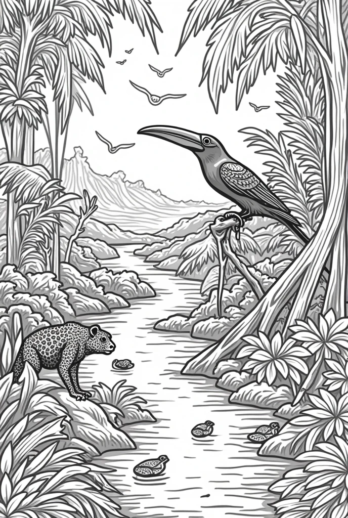 animals from the Amazon rainforest. Generate a series of black and white illustrations suitable for coloring books
