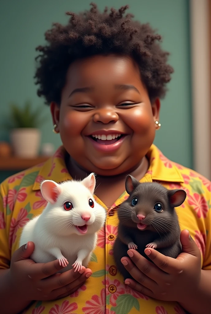 An obese black teenager with short curly hair smiling a lot and wearing a Brazilian shirt holding two hamsters, one with white fur and red eyes and the other with dark brown fur and black eyes