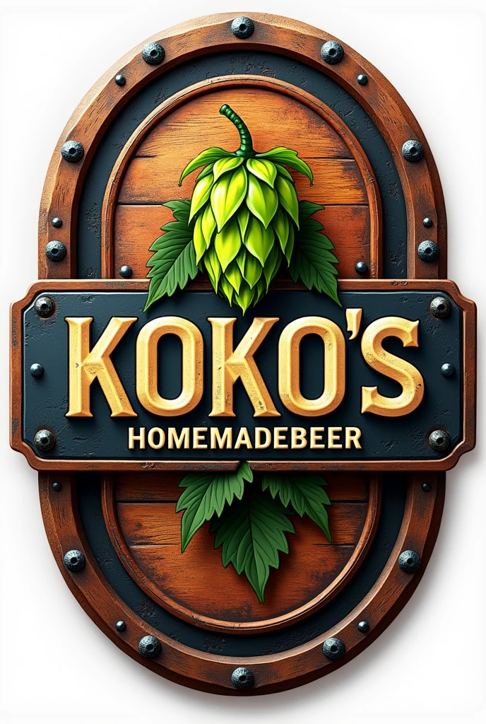 Logo for my company, should be manly. use copper, wood, brass, steel ,1 green hops and my company name, “Koko׳s homemade beer” as a centrepiece, oval.
