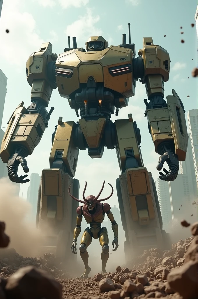 Giant robot fighting alien