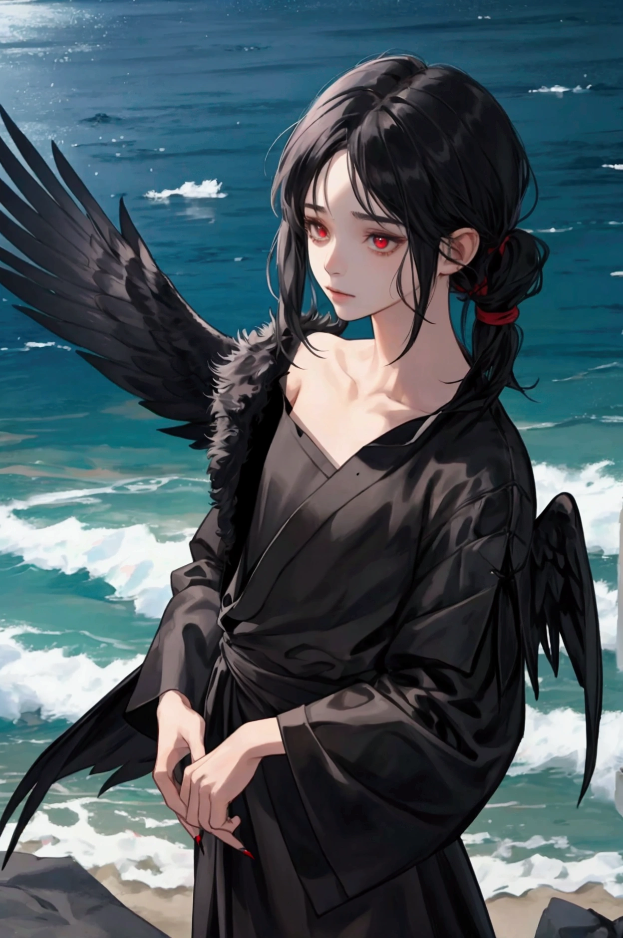 NSFW, short boy, feminine small shotacon, holding crow pet, small fragile body, black fur-lined clothes hanging on the shoulder, little to no clothes (showing core body), black hair, very messy mullet hair, bangs, shining crimson eyes, masterpiece, 8k, photorealistic, chiaroscuro lighting, dramatic shadows, cinematic composition, coast background, wearing black short, sharp black nails