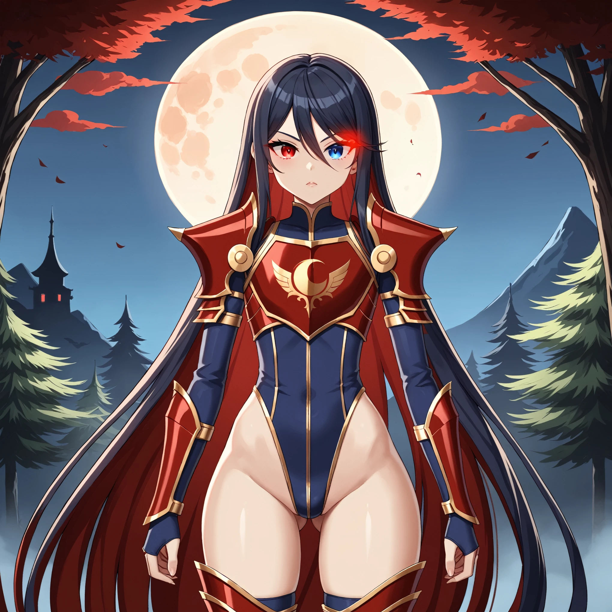 1boy, (cute boy), white male, 8k, best quality, good quality, masterpiece, ((stunning dark blue very long hair:1.2)), ((dark red inner hair:1.3)), (heterochromia), ((dark blue left eye:1.3)), ((red right eye: 1.3)), wild hair, glowing eyes, high resolution, (dark theme:1.3), (dark atmosphere:1.3), ((slim waist)), (((curvy))), ((round ass)), ((thick legs)), (small boobs), (flat chest), hair messy, (((black clothes))), androgynous, ((Big black and red armor with golden details)), femboy, (full armored), (((serious expression))), (slender), ((androgynous male warrior)), ((form-fitting midnight blue armor with silver and red accents)), ((a breastplate with crescent moon motifs)), ((sleek pauldrons)), ((delicate gauntlets)), ((high greaves)), ((the armor has a soft glow in the dark)), ((forest background)), ((blood moon)), ((red illumination from moon)), (((shadows:1.5)))