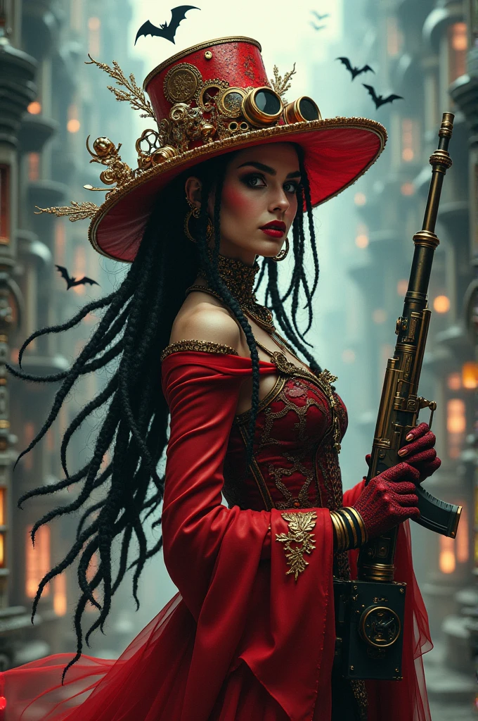 A steampunk Gothic makeup woman with dreadlocks, long red hat and accessories, cheerful & cheerful with a calm, mysterious expression, wearing a long flowing black jacket standing in the middle of a spooky Gothic cityscape. Seductive and wild pose. The background combines cubic skyscrapers, bats, fractal matchcore, mechanics, big gears, macha balls, geometry with a touch of surreal. The color scheme contrasts with metallic silver and gold. The final touch: a long-barreled gun in her hand, vibrant, vivid, realistic