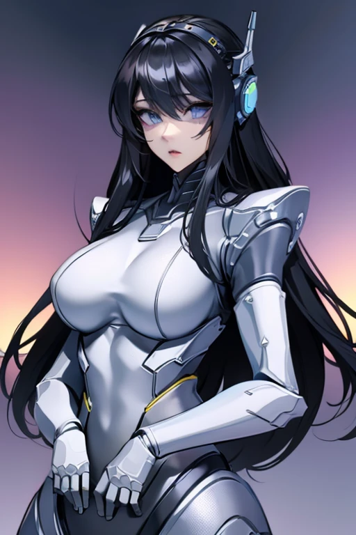 empty eyes,robotization,woman ,big bust,Robot Joint ,Metal skin,Black Suit,long hair,a suit that covers the whole body