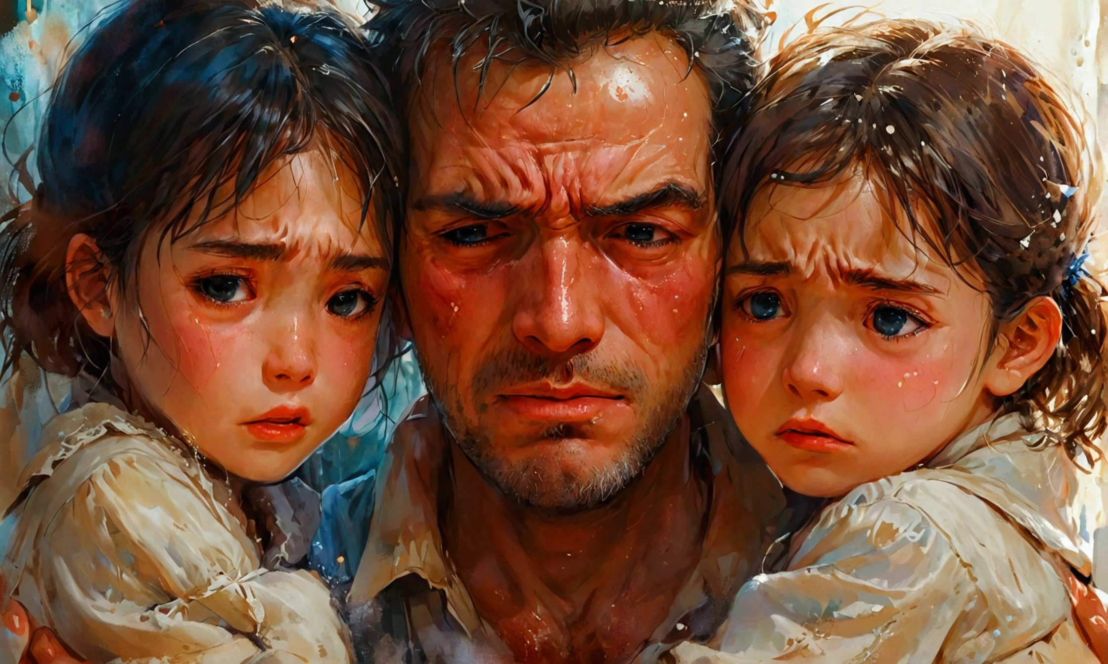 a man crying with his 2 daughters,manga style art,manga style art,manga style art