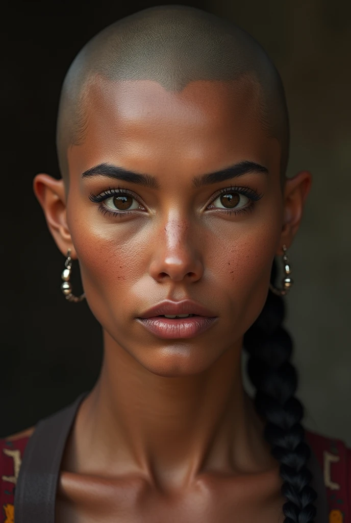 photorealism, hot bald woman, pinterest woman, 4k, ultra realistic, skin texture, pores, photorealistic, model, hyper realistic, RAW photo, photography, gorgeous, face close up, in focus, staring straight forward, face forward, flat lighting, native american navajo features