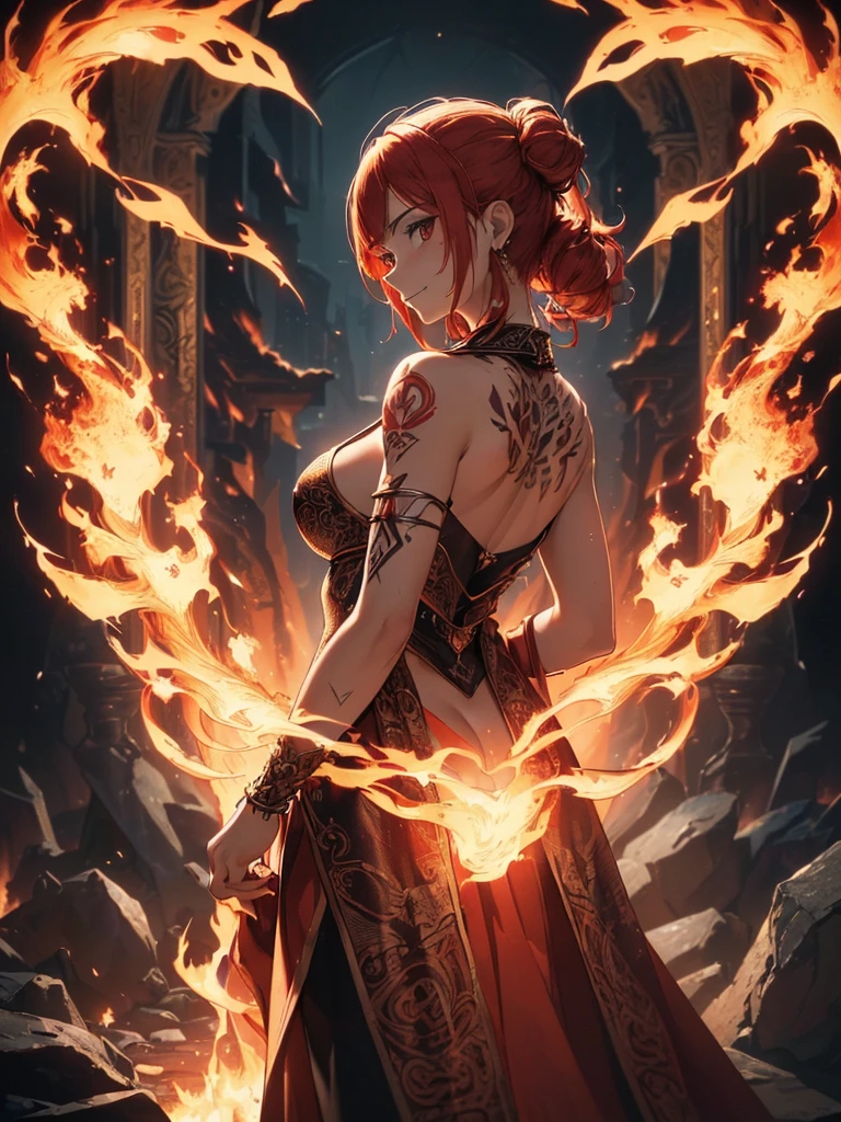 (((best quality, sharp image, clear image, cinematic lighting, 8k resolution, masterpiece, ultra detailed, intricate))) Girl, (((looking over left shoulder))), (shot from behind), fire mage, ((intricate background)), ((chaotic background)), red hair, smiling, ((flame runes, flame sigils)), (tatoo on back), slim figure, flying sigils, long dress